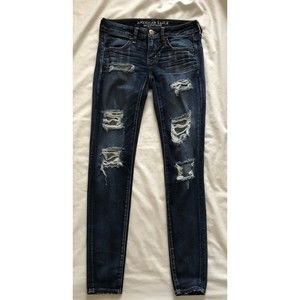 American Eagle Super Low  Stretch Womens Size 4 Jegging Dark Wash Distressed